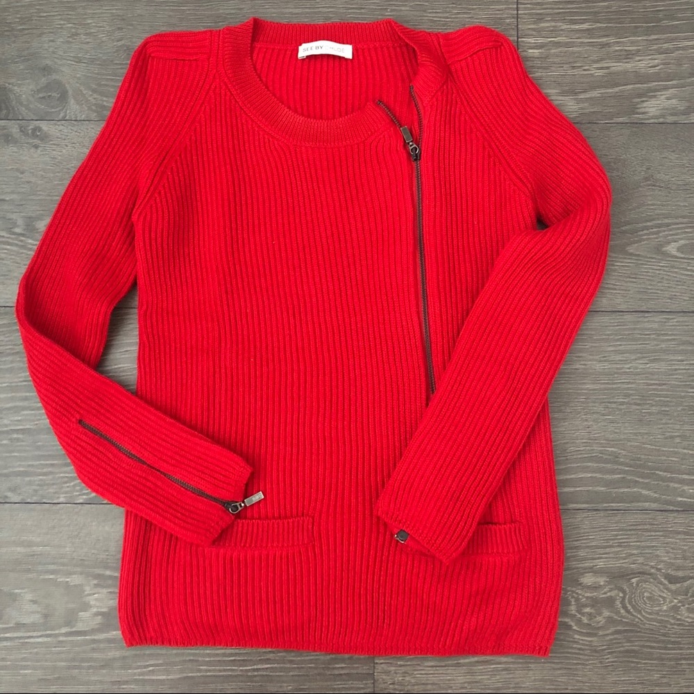 See By Chloe Red Wool Asymmetrical Zip Sweater XS